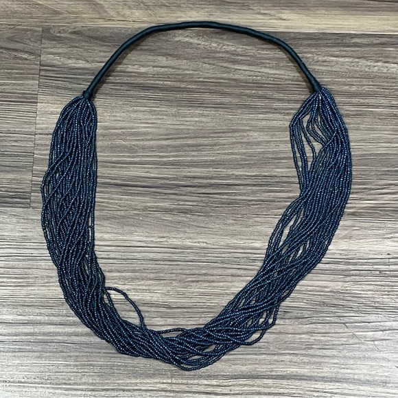 Handmade Dark Blue Multi Strand Seed Bead Boho Style Necklace W/ Yarn 19 Strands - Picture 3 of 16
